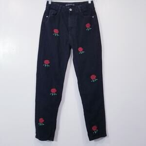 ZARA Relaxed Jeans Floral Embroidered High Rise Black Denim